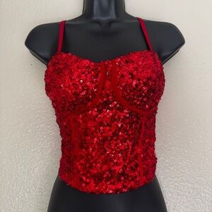 Women’s vintage Red Sequin Bustier Top 90s Glam size small Party Clubwear nobo